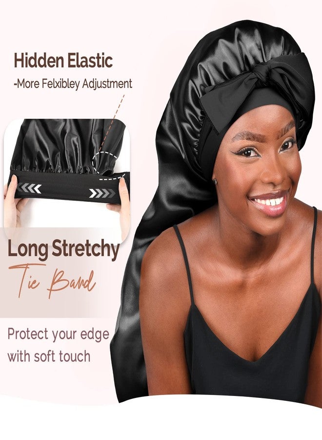 YANIBEST Long Bonnet Satin Bonnet for Sleeping Braid Bonnet with Tie Band Silk Sleep Bonnet for Women Locs Black - Image 3